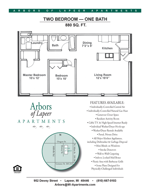 Floor plan for 2 beds, 1 bath, 880 sqft